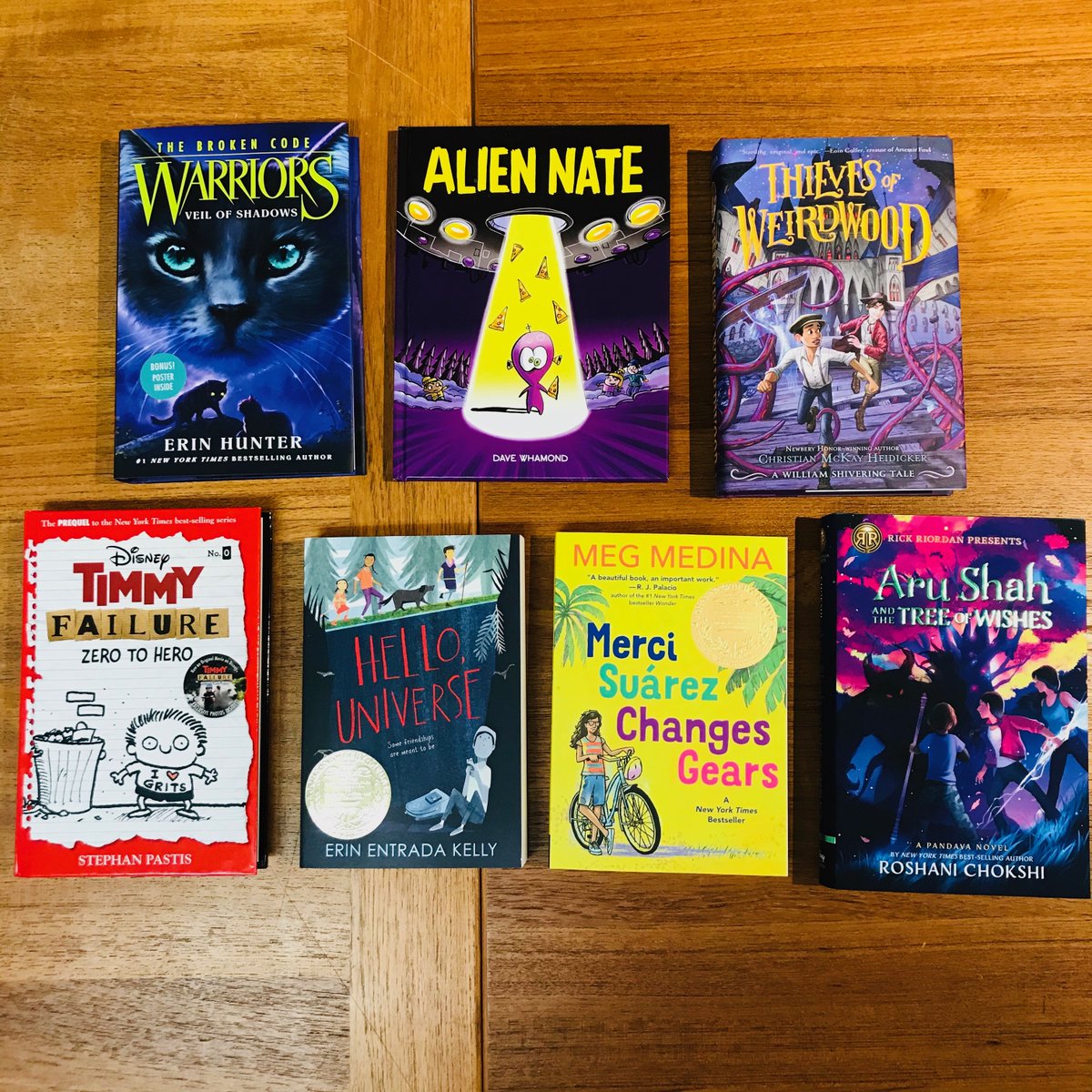 Next up: new middle grade!WARRIORS: VEIL OF SHADOWS by Erin Hunter!TIMMY FAILURE: ZERO TO HERO by  @stephanpastis!ALIEN NATE by  @DaveWhamond! THIEVES OF WEIRDWOOD by Christian McKay Heidicker!ARU SHAH AND THE TREE OF WISHES by  @Roshani_Chokshi!
