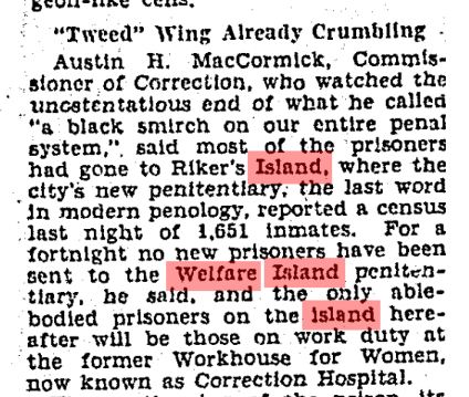 New York Herald Tribune, Feb 8, 1936, h/t  @MAHGAHN - Riker's Island will be the "last word in modern penology:"