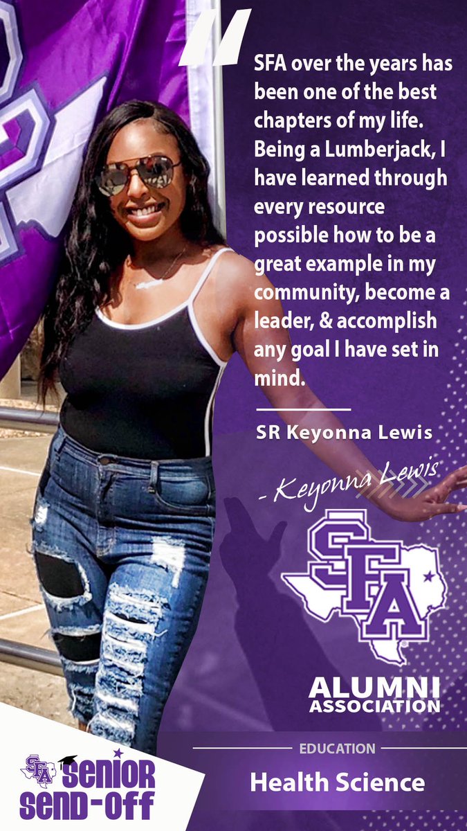 sfa_alumni's tweet photo. Excited about Virtual Senior Send-Off on April 28, ‘Jacks?! Us too.

We are proud of Keyonna Lewis! The Health Science major from Baytown, TX, plans on joining the medical field after graduation.

She loves her Alpha Kappa Alpha Sorority, Incorporated.

#AxeEm l #LumberjackPride https://t.co/5ZLC8GD3qq