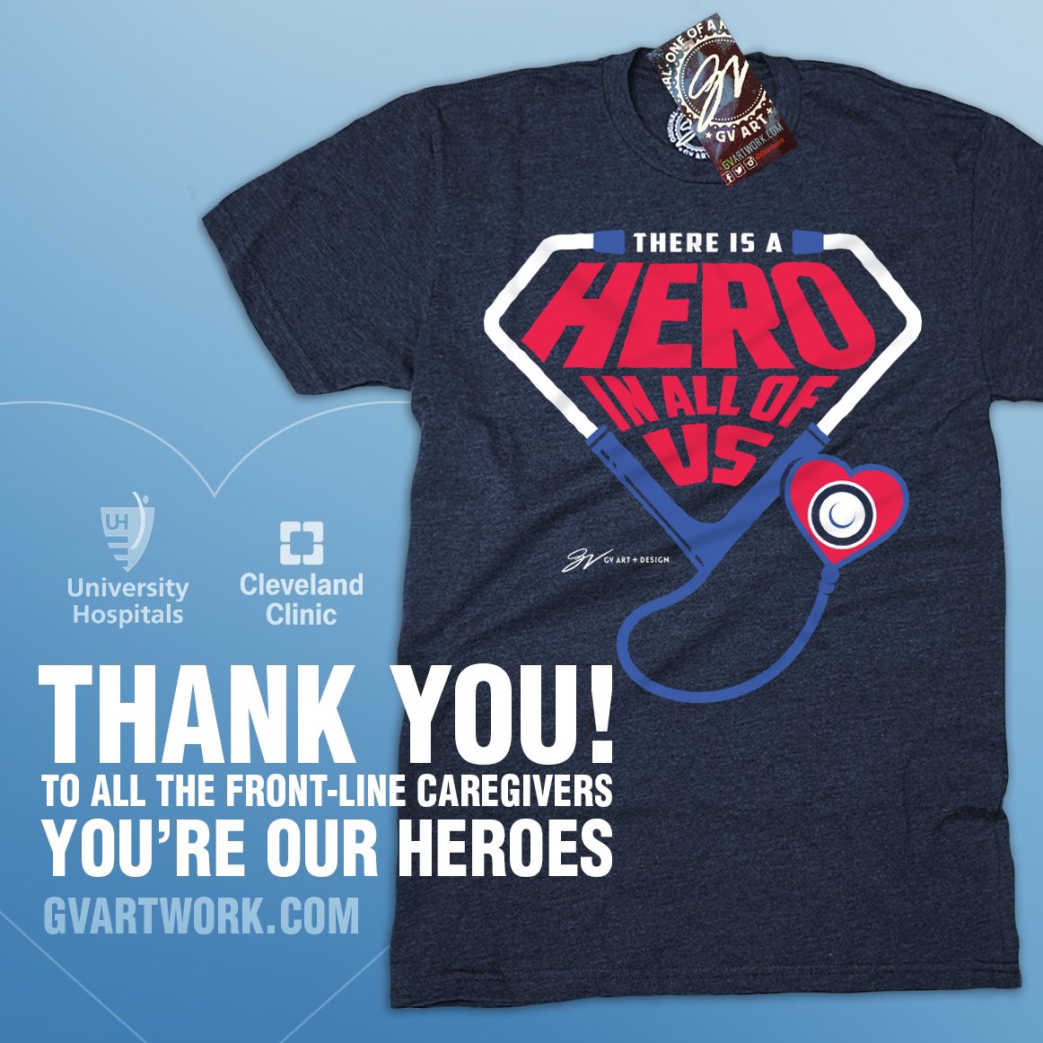 GVartwork's tweet photo. We are excited to team up with @UHhospitals &amp; @ClevelandClinic in support of all caregivers on the front-lines with the release of our new “Heroes” tee!

50% of proceeds will benefit caregiver support funds set-up by both NE OH healthcare systems in support of our HEROES! https://t.co/9V0zpUy3t3