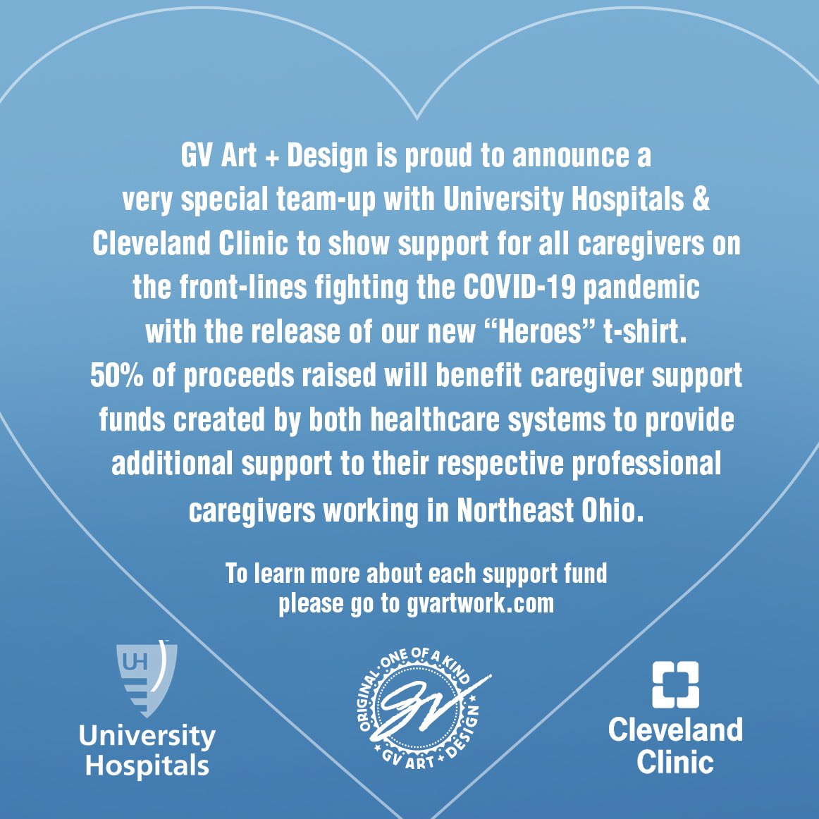 GVartwork's tweet photo. We are excited to team up with @UHhospitals &amp; @ClevelandClinic in support of all caregivers on the front-lines with the release of our new “Heroes” tee!

50% of proceeds will benefit caregiver support funds set-up by both NE OH healthcare systems in support of our HEROES! https://t.co/9V0zpUy3t3