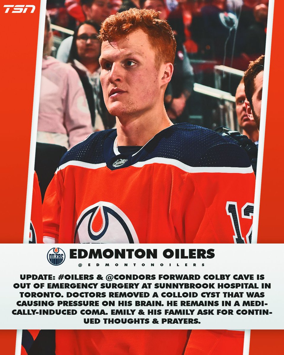 Colby Cave is out of emergency surgery following a brain bleed, per the Oilers. https://t.co/59WKopMNTD