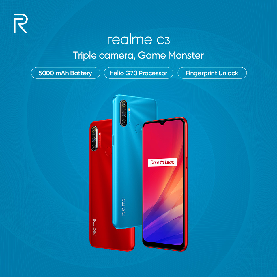 pakistan_realme's tweet photo. Hey real fans! The #TripleCameraGameMonster is the real thing for the gamers which comes the Pakistan's 1st #HelioG70Processor, #5000mAh Big Battery, Fingerprint Unlock and many more. The #realmeC3 is available in two colors #FrozenBlue & #BlazingRed. #realme #DareToLeap https://t.co/O9NstYATzx