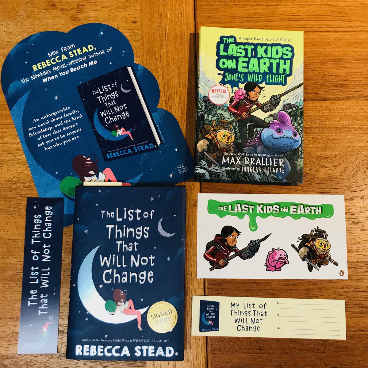 New books with goodies!THE LIST OF THINGS THAT WILL NOT CHANGE by  @rebstead!THE LAST KIDS ON EARTH: JUNE'S WILD FLIGHT by Max Brallier, illus Douglas Holgate.