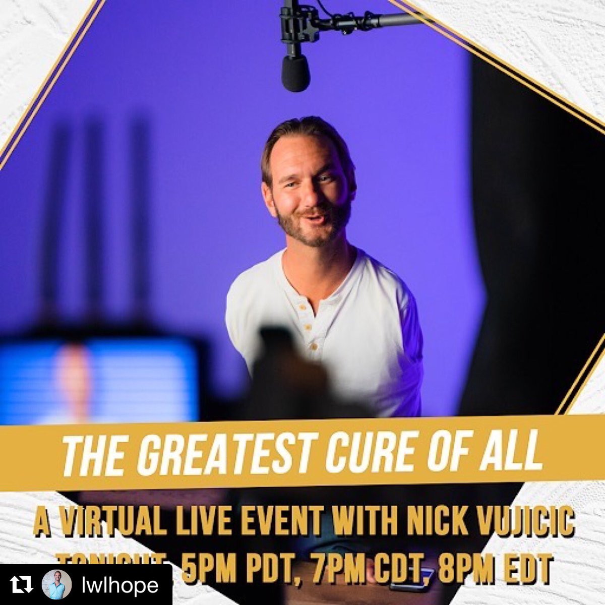 FanchonStinger's tweet photo. TONIGHT Facebook Live with my dear friend @nickvujicic @LWLhope 8pm EDT A life changing event! #hope #ENCOURAGEMENT #lwlhope #lifewithoutlimbs https://t.co/efoZG5fGA7