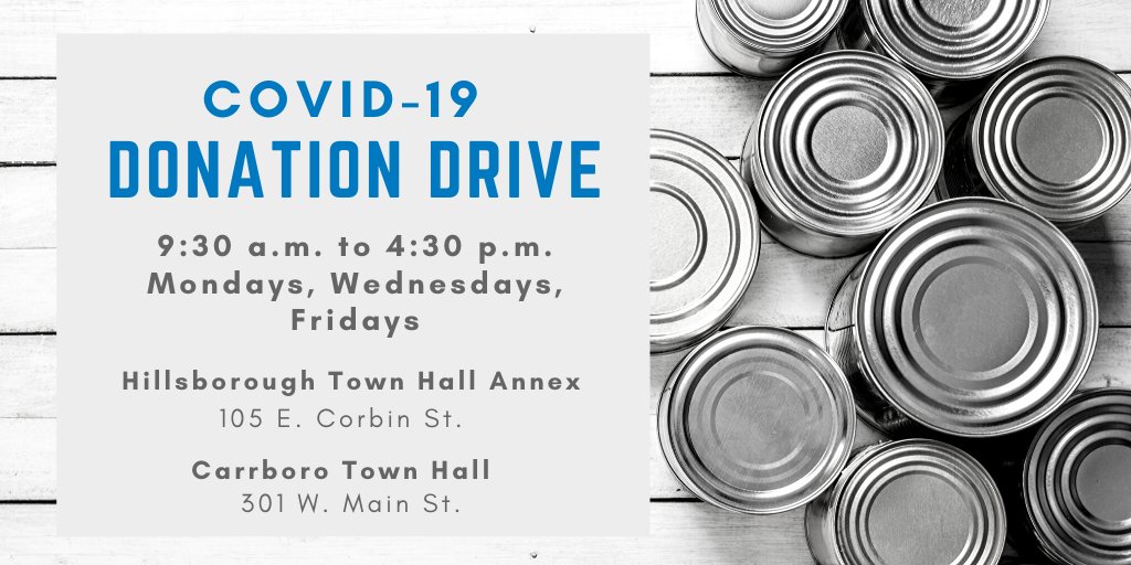 Want to help others during the COVID-19 pandemic but do so safely? <a href="/OCNCGOV/">Orange County NC Gov</a>'s Emergency Operations Center is sponsoring a donation drive, with <a href="/HillsboroughGov/">Town of Hillsborough</a> and @CarrboroTownGov as no-contact drop-off sites. See details and what to donate: hillsboroughnc.gov/news/news-rele…