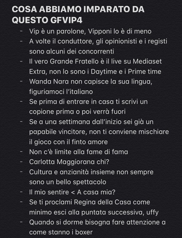 ilmio3go's tweet photo. COSA ABBIAMO IMPARATO DA QUESTO #GFVIP 

Scusate se è troppo.
Scusate se è troppo poco.

Accetto altri insegnamenti. https://t.co/wtss64pR8F
