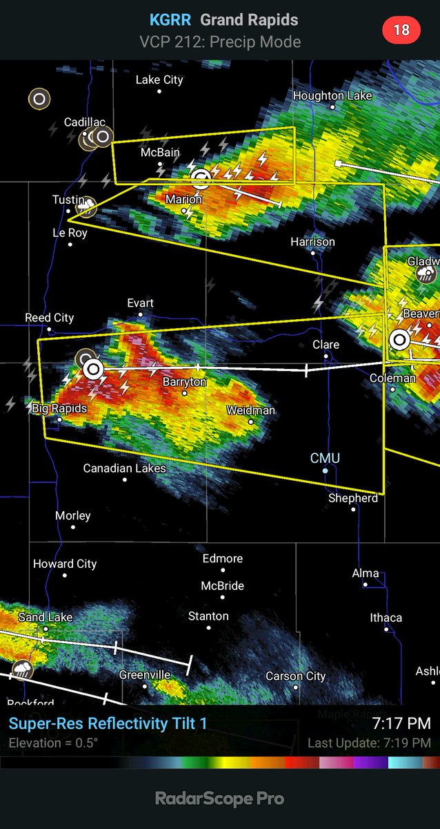 MHTV_CMU's tweet photo. Mt. Pleasant, MI is under a Severe Thunderstorm warning.  60 mph wind gusts with quarter-sized hail is possible.  Move to the lowest interior room of your house or building. #miwx @matmondro_wx https://t.co/NXrxW91Y3g