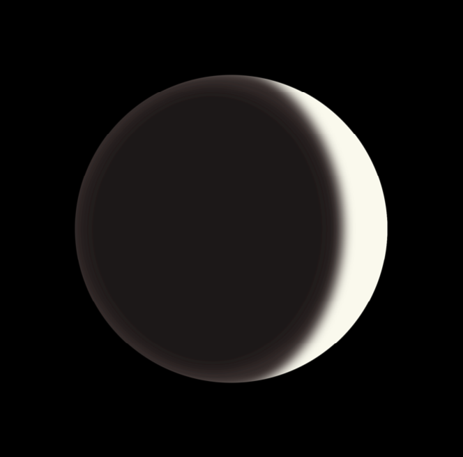 Here's an artist impression of what that looks like through the telescope. The appearance of this 'Ashen Light' is as though the night side of Venus were glowing of its own light. Some observers report a ruddy or copperish color, while others report no color at all.