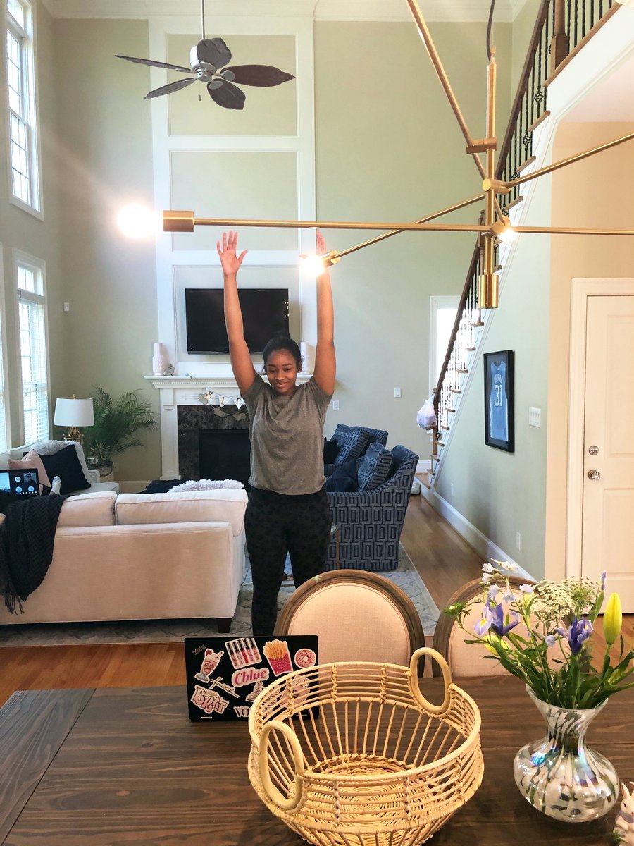 SaintMarysNC's tweet photo. Scenes from today in virtual learning and school life @SaintMarysNC : our first virtual all-school assembly; Chloe attending online dance class and twin sister Chelsea at English class on the sofa; Laura Grace doing a physics experiment! #virtualsms #ThisIsUs #wevegotthis https://t.co/7IaCAakVMU