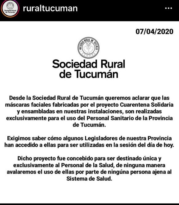Josecitors's tweet photo. La Sociedad Rural de Tucumán pidió que se informe como llegaron las máscaras que deberían estar en manos de médicos a cubrir los rostros de los Legisladores que sesionaron esta mañana 👇🏼 
📲 @telefetucuman https://t.co/32CCrucqzy