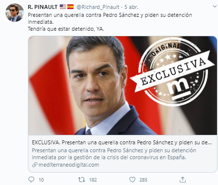 Volvemos al protagonista, al analizar su actividad vemos difunde la querella y que retuitea mucho a P. Casado y a Perdiguero, una de las personas denunciadas por difundir bulos a pesar de ser policía y que recibe muchos RTs automatizados, y deseos de que Trump invada España.