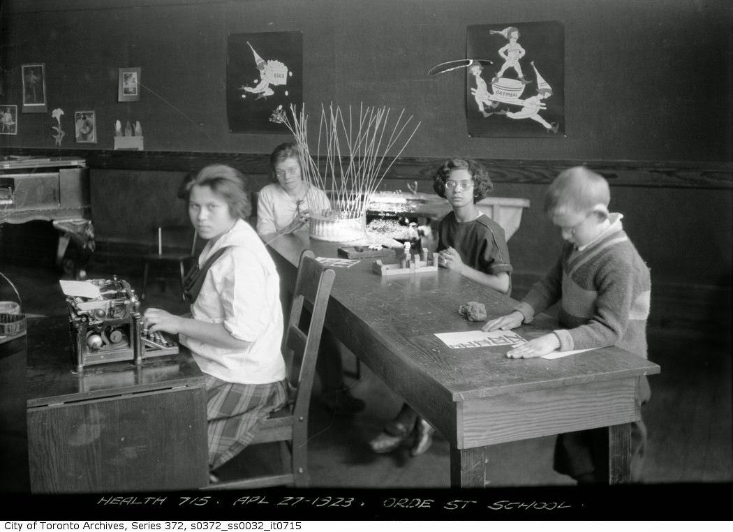 'from anna' touches on real disability history — like 'sight saving classes' (circa 1920s) intended to make education accessible to visually impaired children and prevent eye deterioration. here's a 1923 photo of students in a toronto class, weaving baskets like anna did!