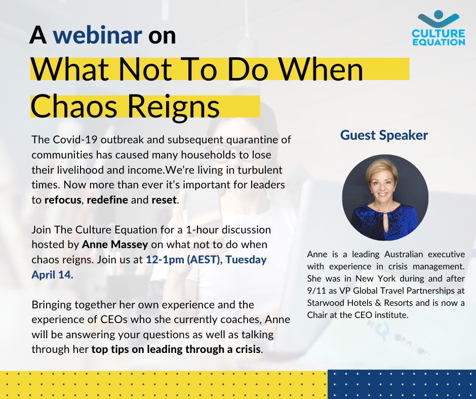cultureequation's tweet photo. Join us on a LIVE WEBINAR this April 14 - Tuesday at 12:00-1:00pm (AEST).

A recording of the webinar will be made available to registered attendees after the event. 

Register here: https://t.co/0gpaxgObIG

Looking forward to seeing you there! #webinar #leadership #crisis https://t.co/imfchTIDc0