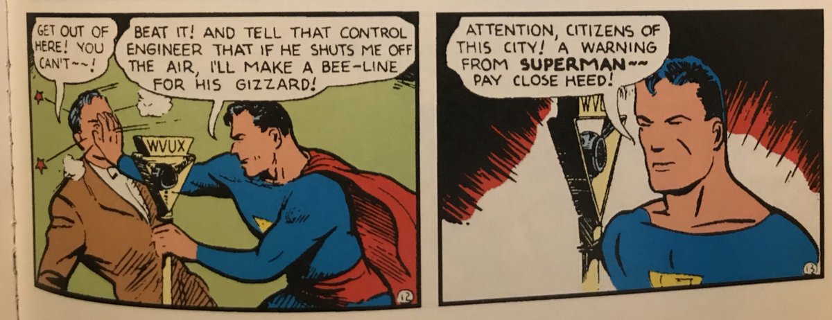 As Superman, he breaks into a local radio station, hijacks the airwaves, and announces his (ahem) war on cars.