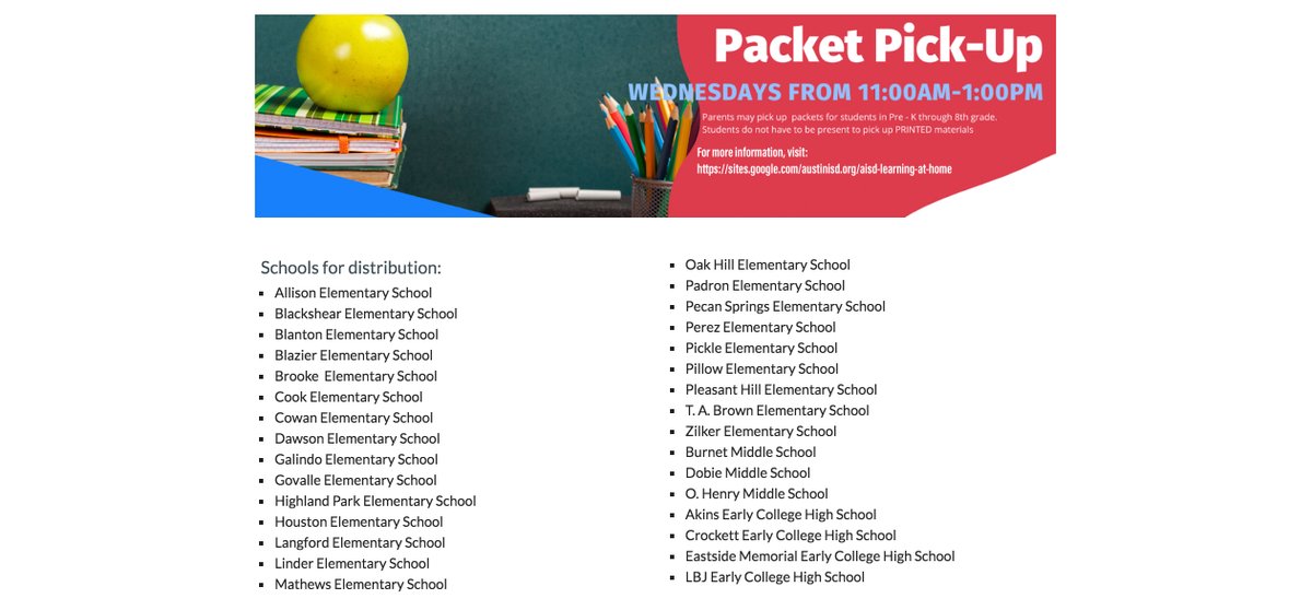 REMINDER FOR TOMORROW: 
We are providing paper packets to families who do not have access to technology. Packet pickup is every Wednesday from 11am-1pm.

For more information and distribution locations:
sites.google.com/austinisd.org/…

#AISDAtHome #AISDProud #AISDGameChangers