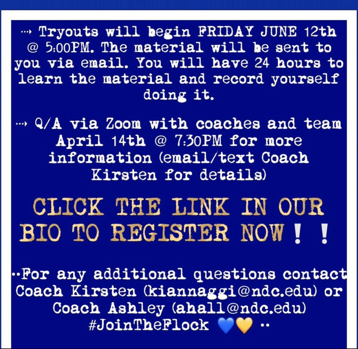 ndccheer's tweet photo. 2020-2021 TRYOUT UPDATE!!💙💛 https://t.co/JhANx1QQYE