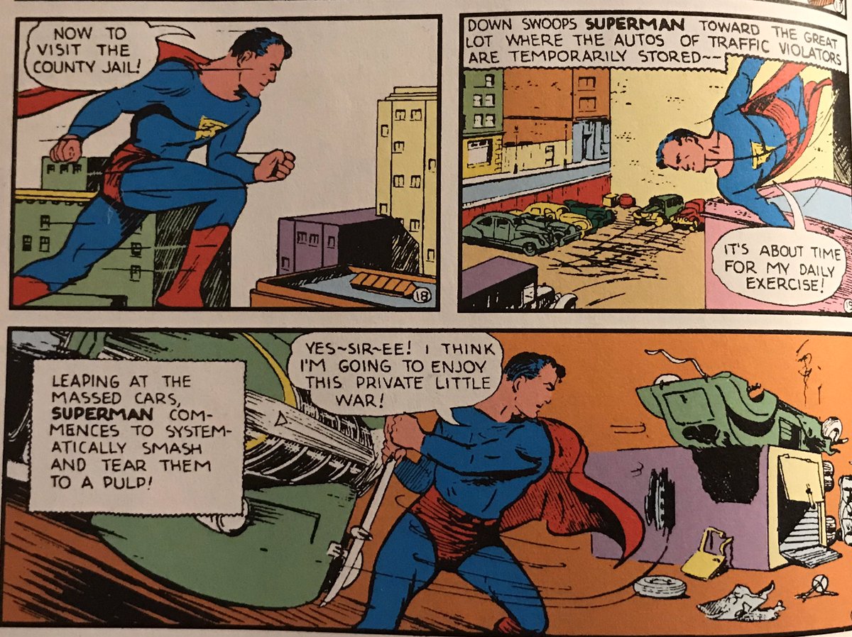 Superman then goes to a police lot where seized vehicles of traffic violators are stored... and destroys them all. More like a vigilante than the noble hero as depicted in the Christopher Reeve films.