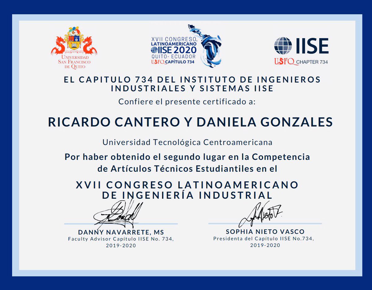 AnaelEspinalHN's tweet photo. Ricardo Cantero y Daniela Gonzales, estudiantes del programa de Ingeniería Industrial y de Sistemas de @UNITEC_hn obtuvieron el segundo lugar 🏆 en la Competencia de Artículos Técnicos Estudiantiles del XVII Congreso Latinoamericano @iisenet 2020 https://t.co/68KZmUNP4C