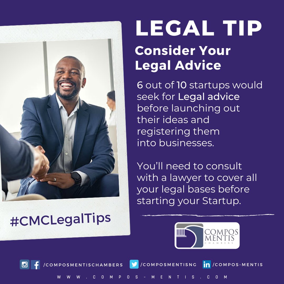 composmentisng's tweet photo. 6 out of 10 startups would seek for legal advice before launching out their ideas and registering them into businesses. You’ll need to consult with a lawyer to cover all your legal bases before starting your #startup
#ComposMentisChambers #CMCLegalTips #LegalTips #LegalAdvice https://t.co/DhJZbsQ70p