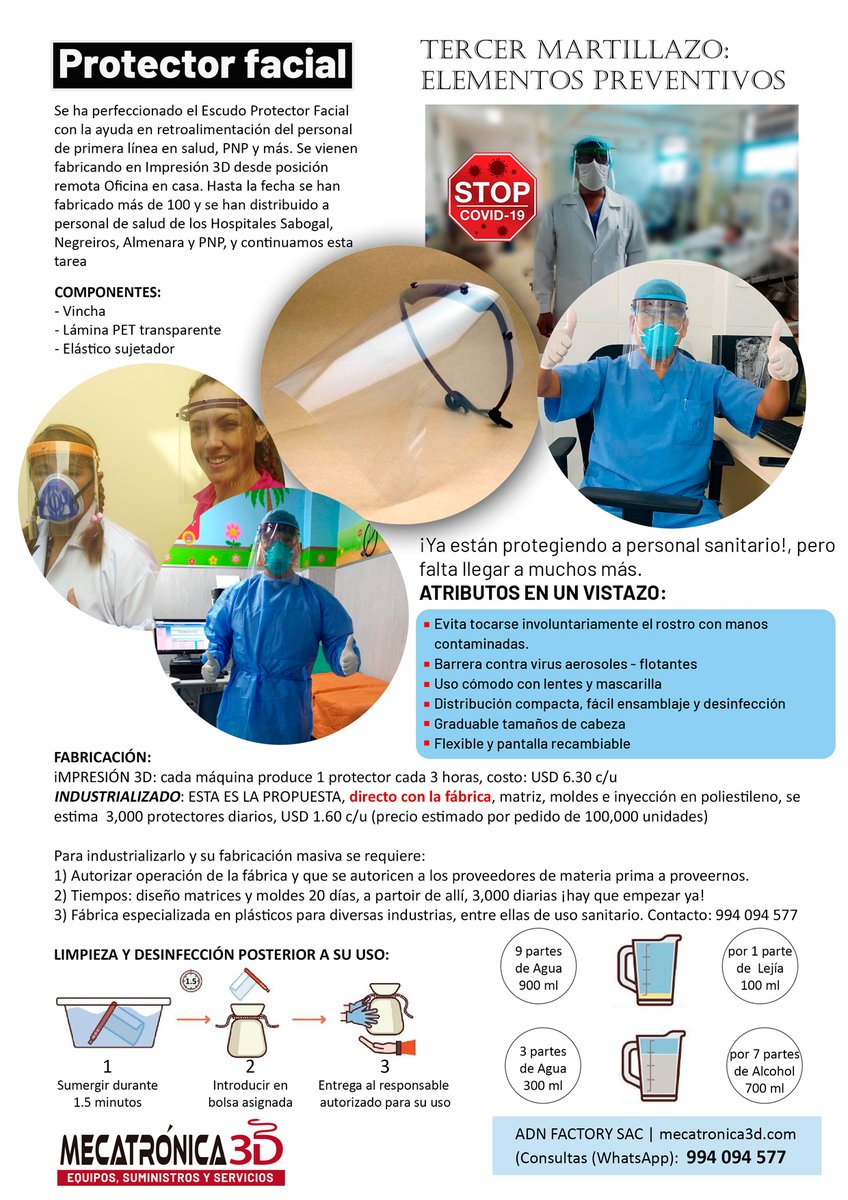 EducaSteam's tweet photo. @APalominoSaa @FioreMolinelli @EsSaludPeru TERCER MARTILLAZO: De la impresión 3D (1 a 1) a producción-protección masiva. Podemos en nuestra fábrica producir Protectores Faciales completos P.U. USD 1.60 c/u por 100 mil uds. Protección a nuestra 1ra línea de atención COVID-19. Directo fábrica HECHO en Perú Tel. 994094577 https://t.co/HVGM1zXDlV