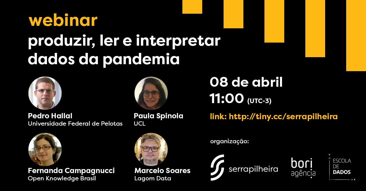 Escola de Dados (@escoladedados) on Twitter photo Amanhã (08/04), às 11h, assista ao webinar aberto “Produzir, ler e interpretar dados da pandemia” em parceria com a @agencia_bori e <a href="/iserrapilheira/">Instituto Serrapilheira</a>, com os especialistas Pedro Hallal, <a href="/paula_slspi/">Paula Spinola</a>, <a href="/fecampa/">Fernanda Campagnucci</a> e <a href="/msoares/">Marcelo Soares</a>.
Saiba mais em nosso site: escoladedados.org/2020/04/webina… Amanhã (08/04), às 11h, assista ao webinar aberto “Produzir, ler e interpretar dados da pandemia” em parceria com a @agencia_bori e <a href="/iserrapilheira/">Instituto Serrapilheira</a>, com os especialistas Pedro Hallal, <a href="/paula_slspi/">Paula Spinola</a>, <a href="/fecampa/">Fernanda Campagnucci</a> e <a href="/msoares/">Marcelo Soares</a>.
Saiba mais em nosso site: escoladedados.org/2020/04/webina…