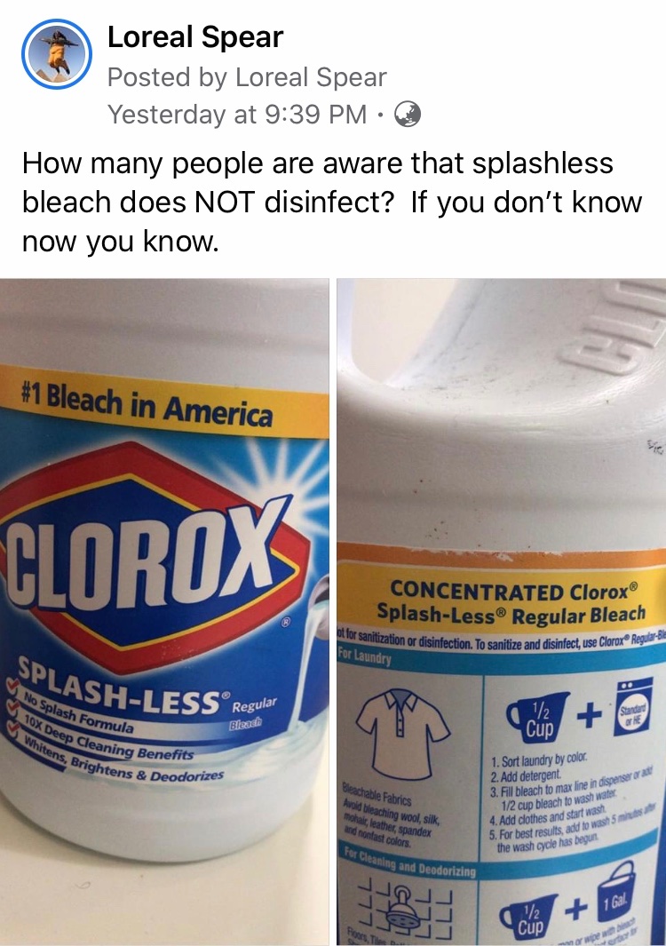 LoReally's tweet photo. How many people are aware that splashless bleach does NOT disinfect?  If you don’t know now you know.  #ThoughtIwouldshare https://t.co/cj7Gfc6Xs4