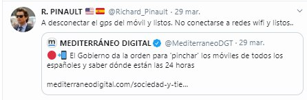 También difunde cada bulo sobre el coronavirus que aparece. unas veces con tuit propio y otras con RT: El respirador de Manuela Carmena El médico llorando El Gobierno pinchando los moviles de la gente El video fake de Spiriman de OkDiario https://twitter.com/JulianMaciasT/status/1243909233298608131