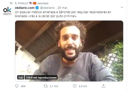 También difunde cada bulo sobre el coronavirus que aparece. unas veces con tuit propio y otras con RT: El respirador de Manuela Carmena El médico llorando El Gobierno pinchando los moviles de la gente El video fake de Spiriman de OkDiario https://twitter.com/JulianMaciasT/status/1243909233298608131