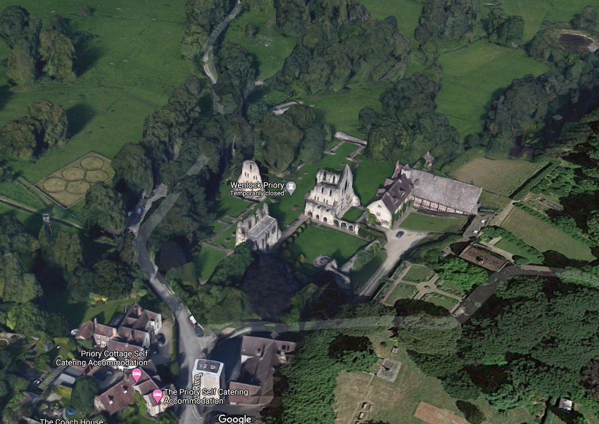 jumping ahead to Salop but  #DIDYOUKNOW the S parts of the monastic granges of Much Wenlock Priory are owned by Nick Drake's sister? Weirdly the site is cut down the middle by Google Earth's 3D. Some delegates at  #BAAShrewsbury got a bollocking for going too far into their estate