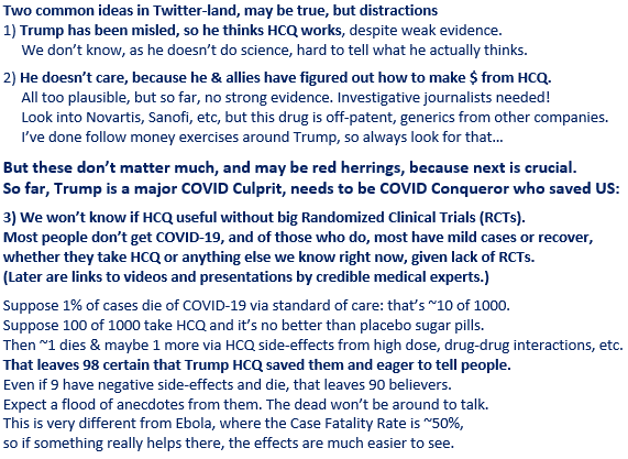 h1/ Trump needs COVID Conqueror PR scheme for reelection:Hydroxychloroquine (HCQ) for masses, avoid controlled clinical trials. Most people have mild cases or recover anyway, but many who take HCQ will swear Trump saved them,although sugar pill might have worked as well.