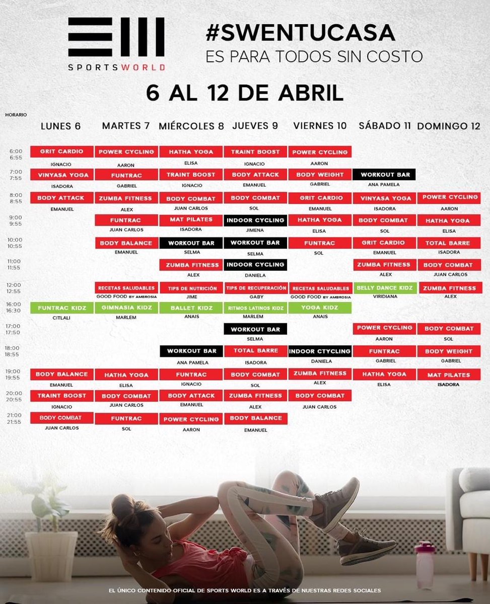 fmdiabetes's tweet photo. ¡Que nada te detenga! Ejercitate desde casa 🏡 con la ayuda de los coaches de @SportsWorldMex . Cada día en los siguientes horarios podrás ver SIN COSTO por Facebook Live diferentes entrenamientos, elige tu favorito y ¡a entrenar! 💪🏼 #QuédateEnCasa #SWEnTuCasa #SWLive https://t.co/lXflwMUWHX