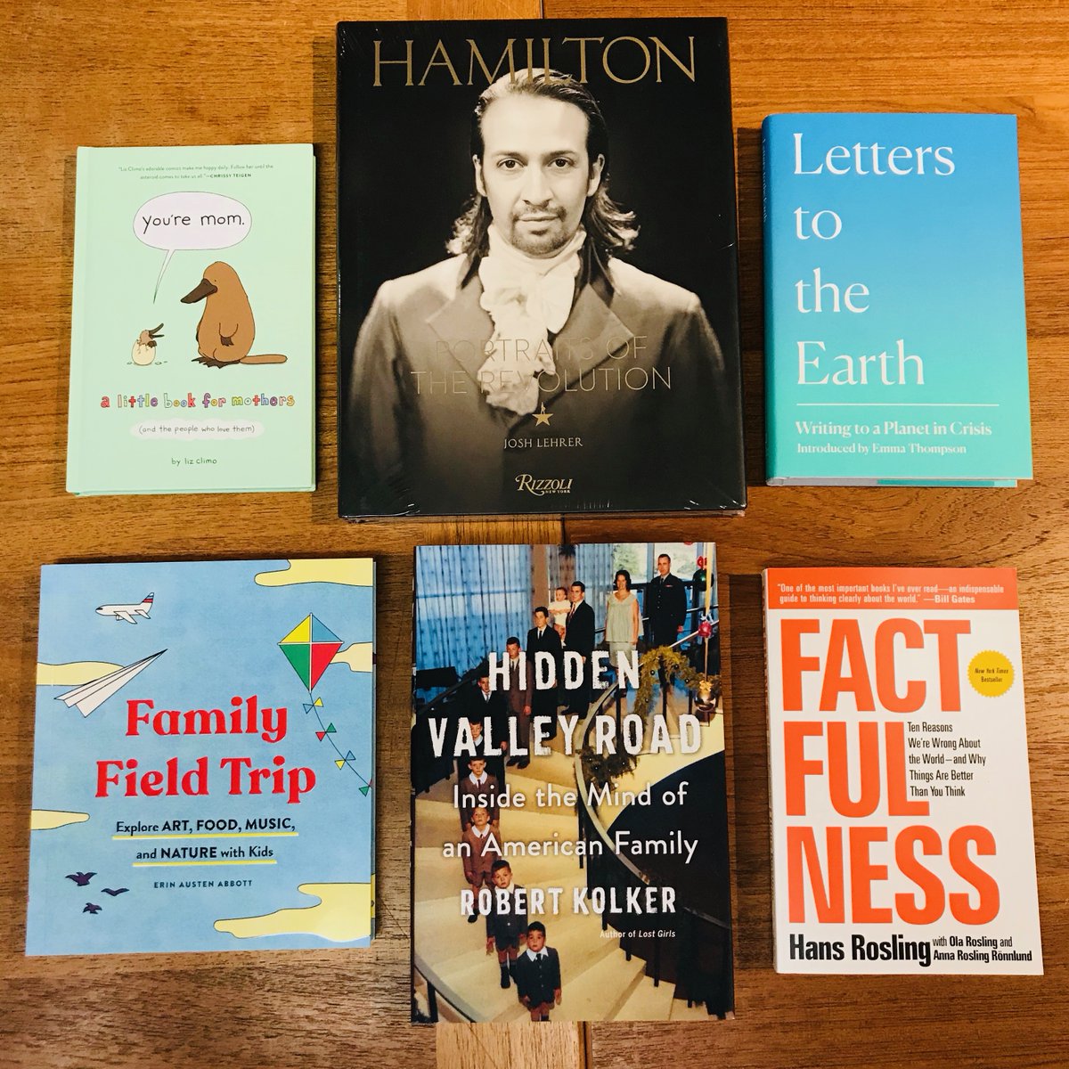 A LITTLE BOOK FOR MOTHERS by  @elclimo!FAMILY FIELD TRIP by  @ameliapresents (fun things to do even stuck inside)!HAMILTON: PORTRAITS OF THE REVOLUTION by Josh Lehrer!HIDDEN VALLEY ROAD by  @bobkolker!LETTERS TO THE EARTH introduced by Emma Thompson!