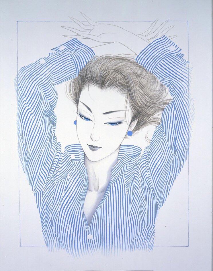 画家鶴田一郎さんによる美人画「ブルーストライプシャツ」 本日ギャラリーは休館ですが、現在Spring Collectionで展示されている