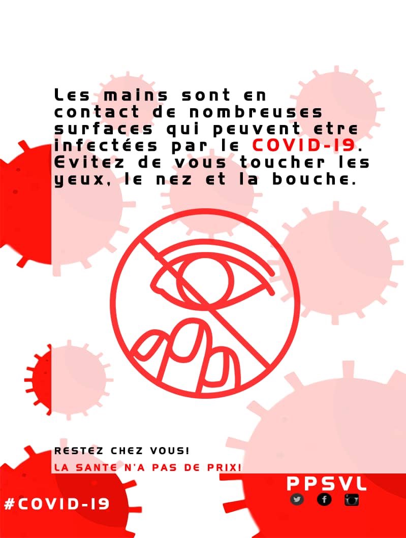 PPSVL2's tweet photo. Les mains sont en contact de nombreuses surfaces qui peuvent être infectées par le #COVID19.  

Évitez de vous toucher les yeux, le nez et la bouche. 

#RDCCovid_19 #CongoFautEbonga #ResterChezVous @niarbivorr @LamineRichfore2 @PPSVL2 @Kenzo132 @ValooBerry @OMSRDCONGO https://t.co/pVP4dL3oa4
