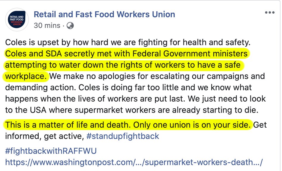 (1/3) This is outrageous. SDA members were feeling unsafe at Coles and when the SDA took this up with Coles, they would not move on some key issues (including hand sanitiser). The SDA then raised the issues with the Federal Attorney General's Office and the Department of Health.