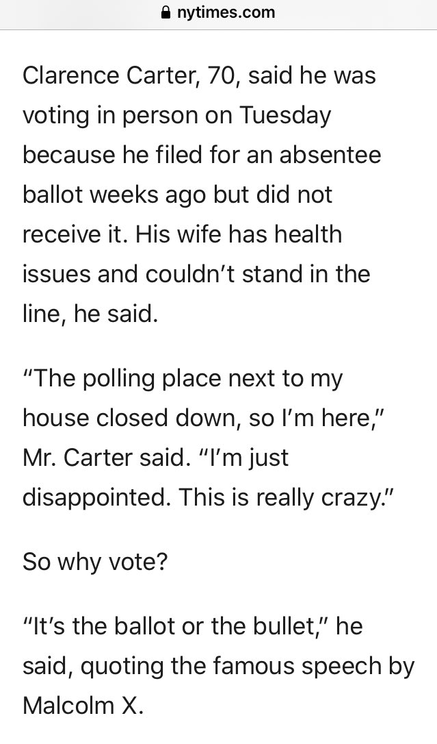 I’ve been so proud of everyone who demanded their vote count, even if it should’ve never come to this extreme. I’m praying they all stay healthy. People like Mr. Clarence in Milwaukee (great reporting from  @AsteadWesley in this piece):  https://www.nytimes.com/2020/04/07/us/politics/wisconsin-democratic-voters.amp.html#click=https://t.co/Ap88uicaUn