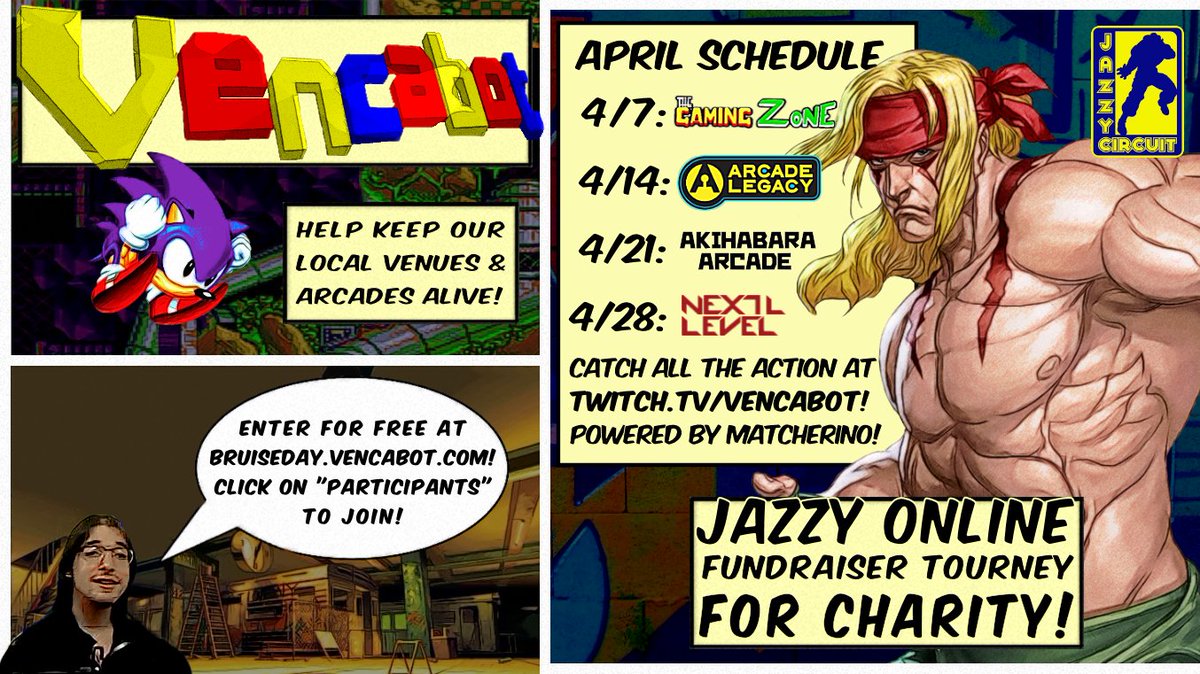Pre-tournament 3S casuals are live at twitch.tv/vencabot !

In <1 hour, we're starting the Jazzy Online Fundraiser Tournament for Venue Relief: <a href="/TheGamingZoneAZ/">The Gaming Zone</a> Edition! There's still time to register to play at bruiseday.vencabot.com ! Donate FREE w/ code TGZ2020 !
