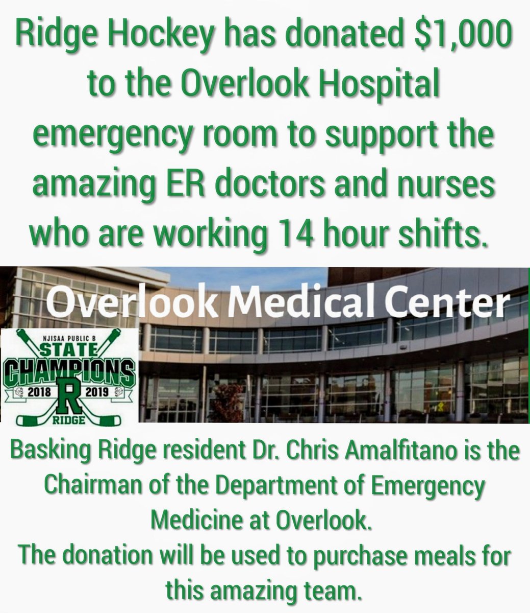 RidgeHockey's tweet photo. 📰 Ridge Hockey has donated $1,000 to the Overlook Hospital emergency room to support purchasing meals for amazing ER doctors and nurses who are working 14 hour shifts..👹May you and your family continue to stay safe! Please take care! @RidgeIceMen @Ridgegameday @RidgeBoosterClub https://t.co/GhqH1y1xLz