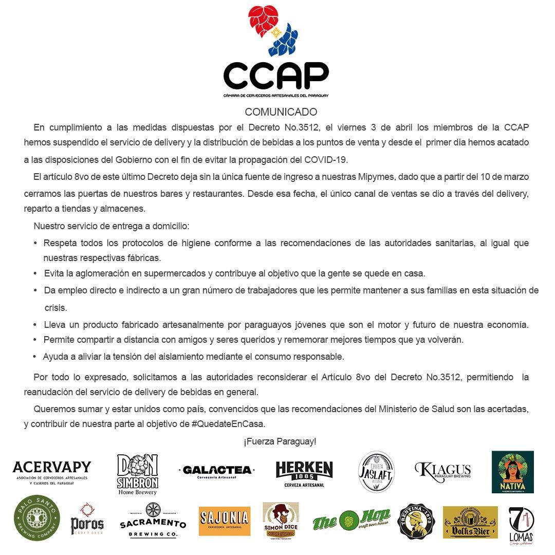AsoBodegasPy's tweet photo. Comunicado Oficial CCAP. No son solo #BODEGAS, es la cadena de valor que incluye nuestro trabajo de todos los días, 20.000 bodegas a nivel país, 100 cervecerías, revean la postura de los #Delivery
Compartí para que llegue a todos
#ApoyamosALosCervecerosLocales
#DeliveryBodegas https://t.co/rXnf9J1XKm