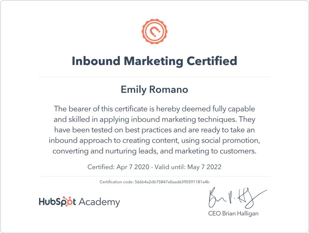 emilyeromano's tweet photo. It's good to stay productive during this #quarantine time. Learned new skills with @HubSpot’s Inbound Marketing course! 

#hubspotacademy #inboundmarketing #hubspot https://t.co/izRLG9rpe6