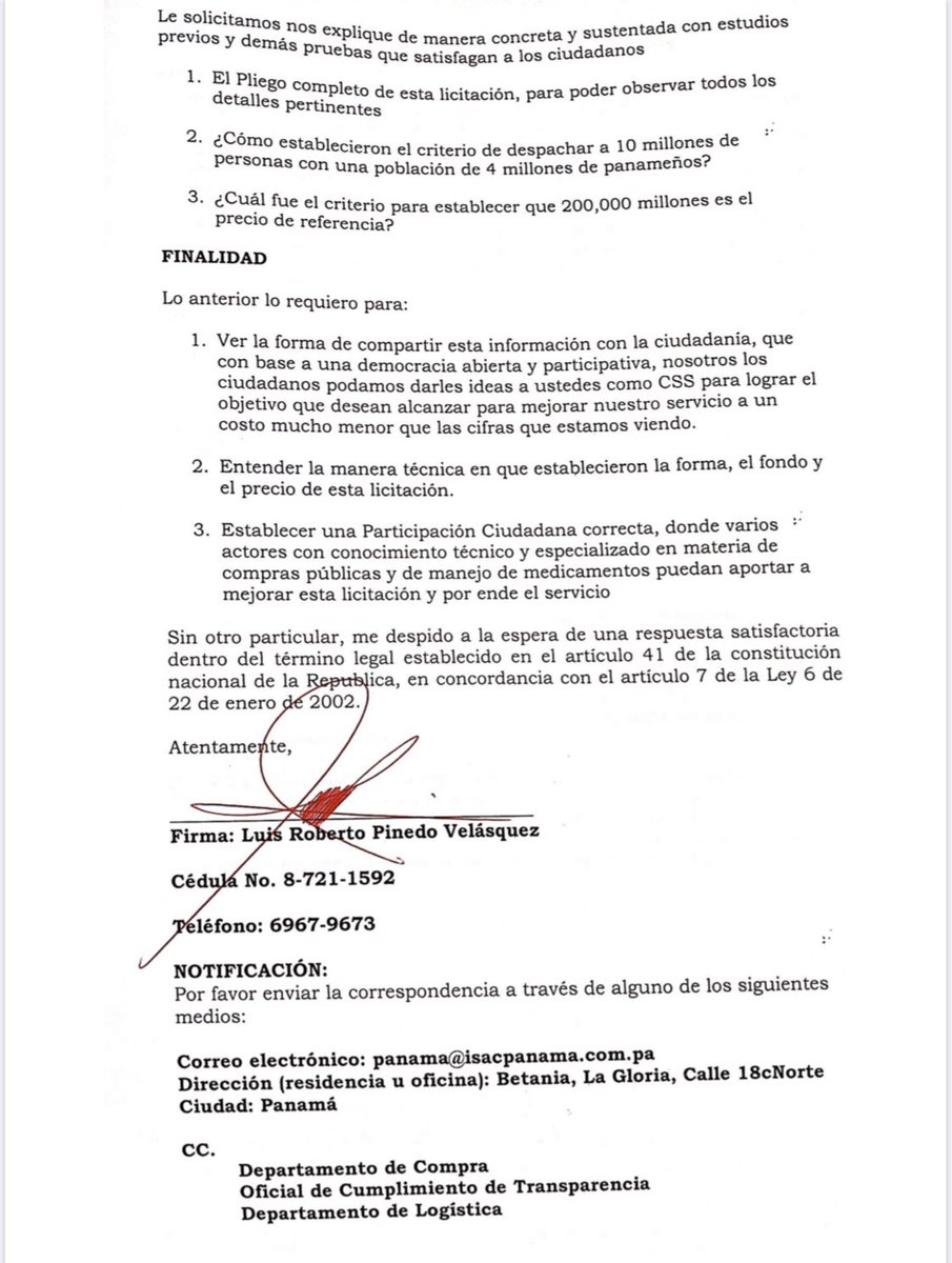 <a href="/ContraloriaPma/">Contraloría General de la República de Panamá</a> Los Ciudadanos también hemos iniciado un proceso de #FiscalizacionCiudadana

Usando nuestro derecho al acceso a la información de la Ley 6 de <a href="/ANTAI_Panama/">ANTAI</a>

Hoy varios ciudadanos mandamos esta carta, para entender los aspectos de la licitación y buscar la transparencia