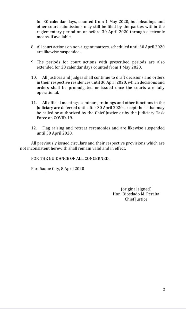 SCPh_PIO's tweet photo. Chief Justice Diosdado M. Peralta issues Administrative Circular No. 34-2020 addressed to all litigants, justices, judges and court personnel of the judiciary, and members of the Bar regarding the extension of Enhanced Community Quarantine over Luzon until 30 April 2020. https://t.co/IKbTwbizGQ