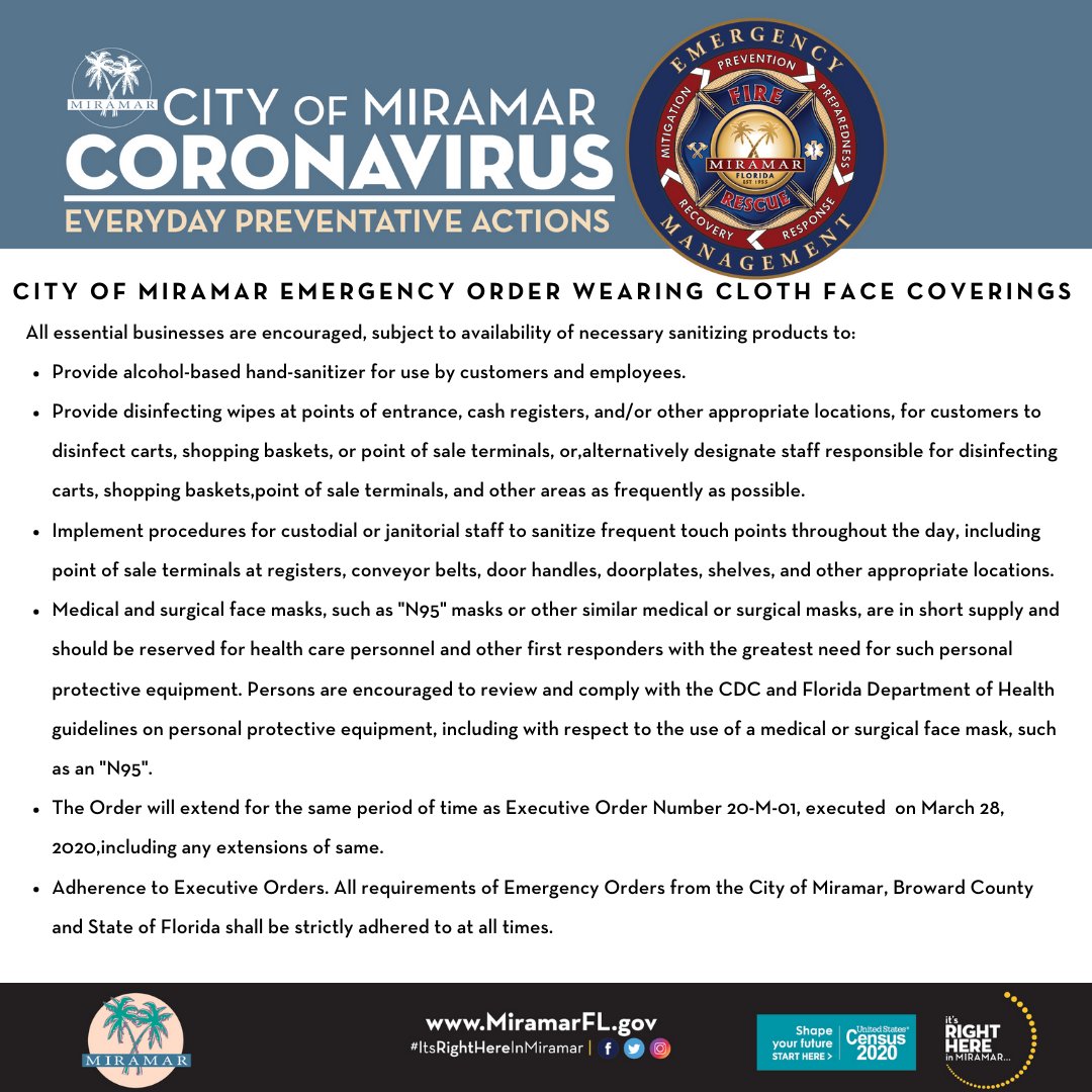 Please be advised of following information as it pertains to the City of Miramar's order to wear cloth face covering effective April 8th. To read  the full Emergency Order, please visit miramarfl.gov/1695/Coronavir…. #coronavirus #protection #prevention #browardcounty  #citymiramar