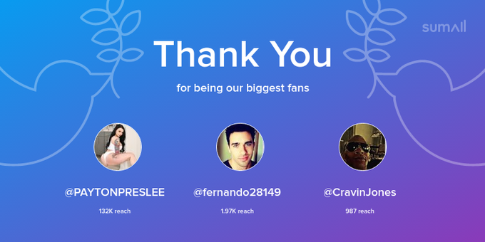 Our biggest fans this week: PAYTONPRESLEE, fernando28149, CravinJones. Thank you! via https://t.co/TgunTduqCU
