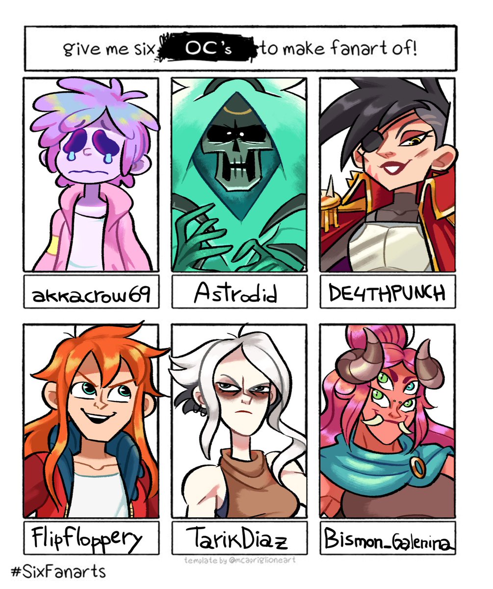 #SixFanarts but only other people's OC @akkacrow69 @astrodid @DE4THPUNCH @Flipfloppery @TarikDiaz @Bismon_Galenina ✌️ 