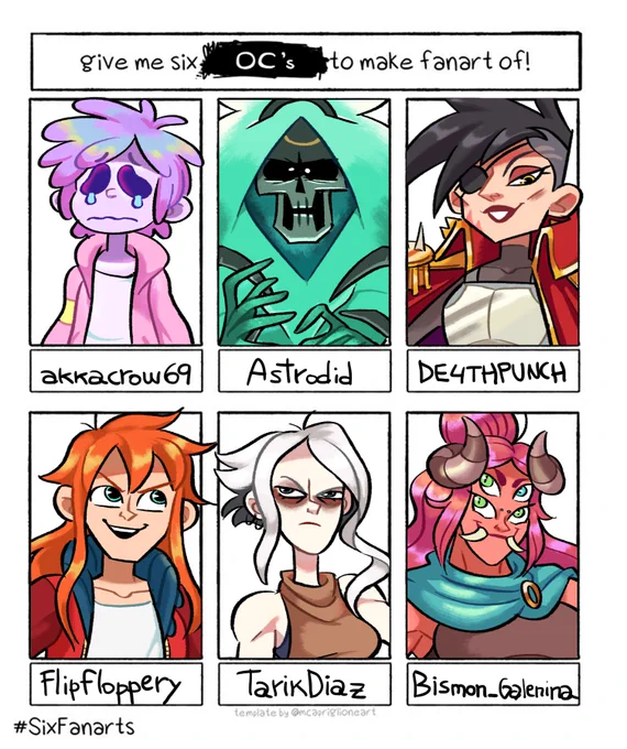 #SixFanarts but only other people's OC @akkacrow69 @astrodid @DE4THPUNCH @Flipfloppery @TarikDiaz @Bismon_Galenina ✌️ 