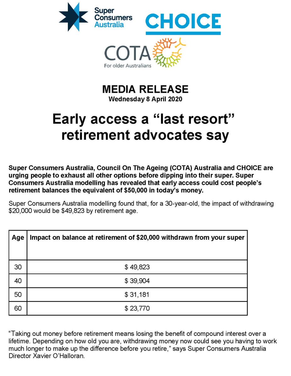 political_alert's tweet photo. Super Consumers Australia, Council On The Ageing Australia and CHOICE are urging people to exhaust all other options before dipping into their super. Modelling has revealed early access could cost people's retirement balances the equivalent of $50,000 in today's money #auspol https://t.co/1KYjPHLkdJ