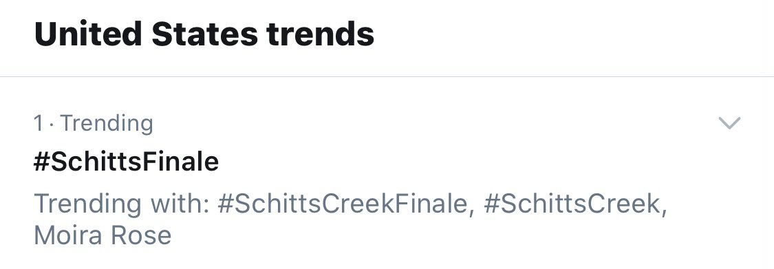 SchittsCreek's tweet photo. #SchittsFinale is the #1 trending topic in Canada, the USA… and worldwide. 

We love you all 💛 https://t.co/ZCkdTIYbGX