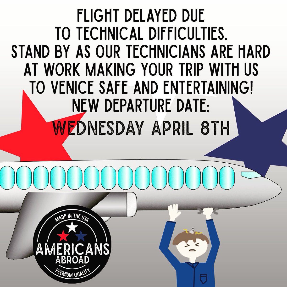 amer_abroad's tweet photo. Our technicians have been hard at work &amp; we will be taking off for Venice tomorrow Wed April 8!  Climb aboard &amp; journey with us for more laughs &amp; misadventures in Venice! In the meantime, you can watch our Paris episode on YouTube!👩‍✈️✈️😆   
https://t.co/b47u4hQ3qa
#travel #parody https://t.co/OaMinu01s5